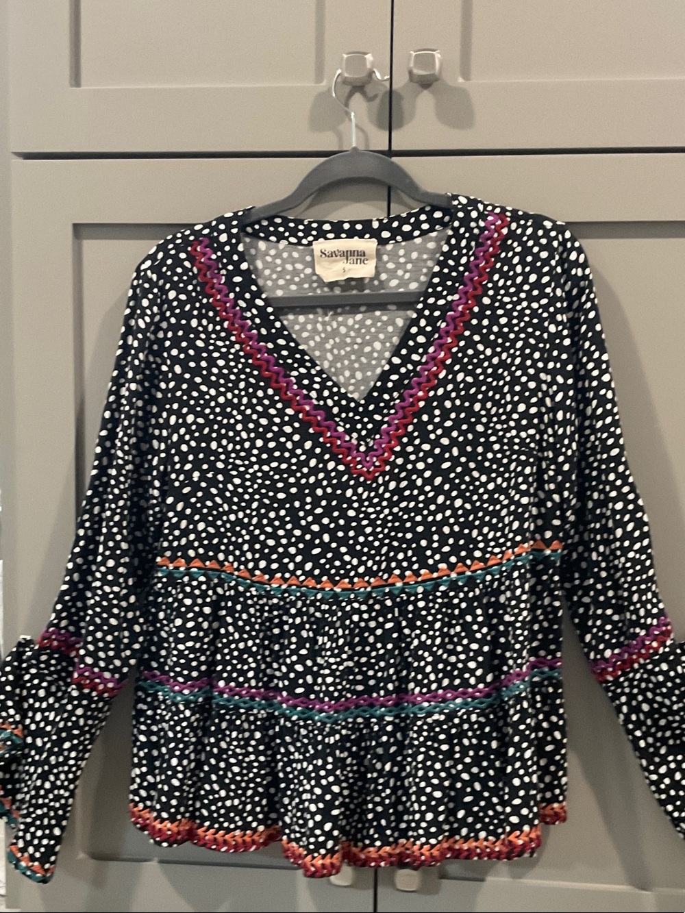 Savanna Jane Black Polka Dot V-Neck Top with Colorful Trim